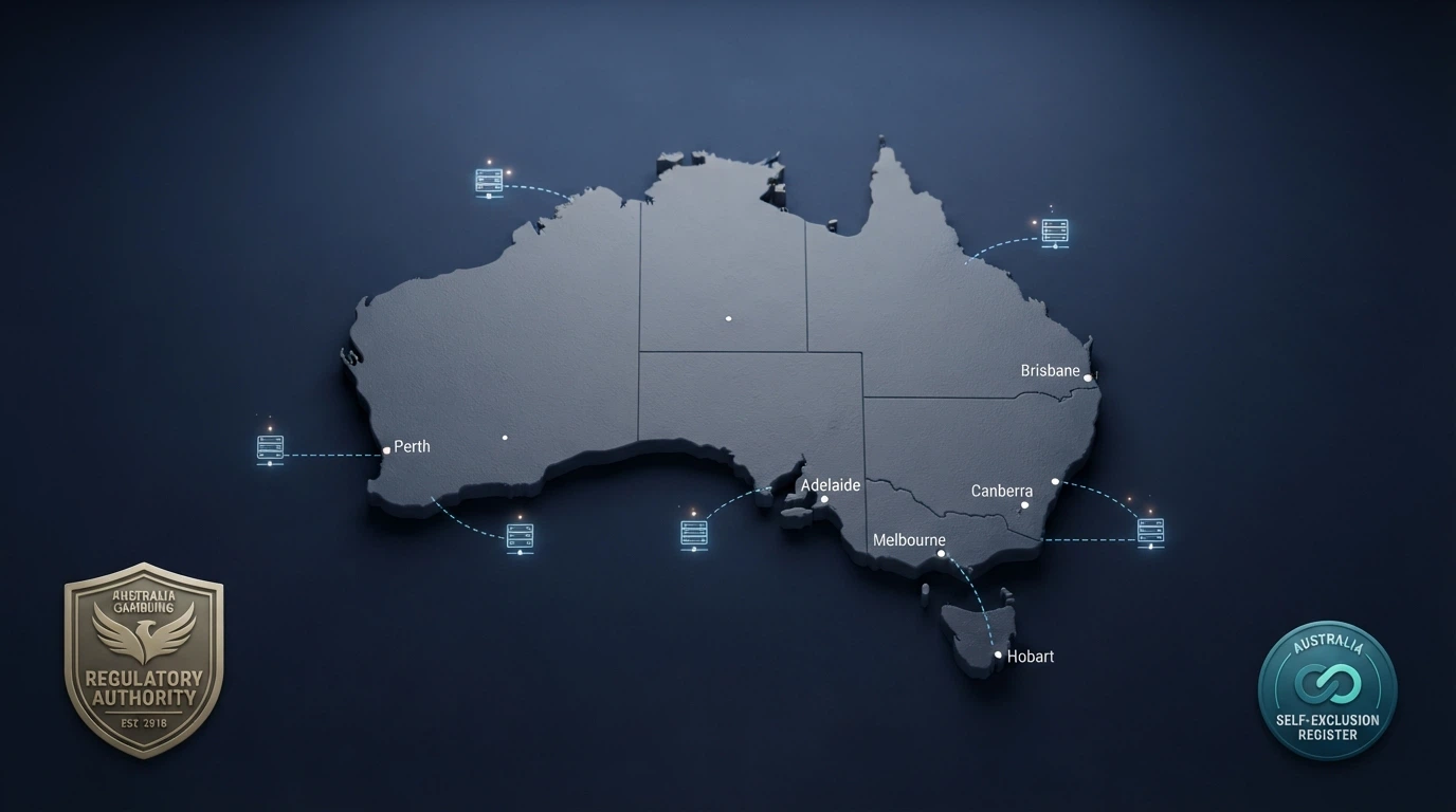 A simplified map of Australia with offshore casino server icons positioned outside its borders, connected by dashed lines, overlaid with the ACMA and BetStop logos