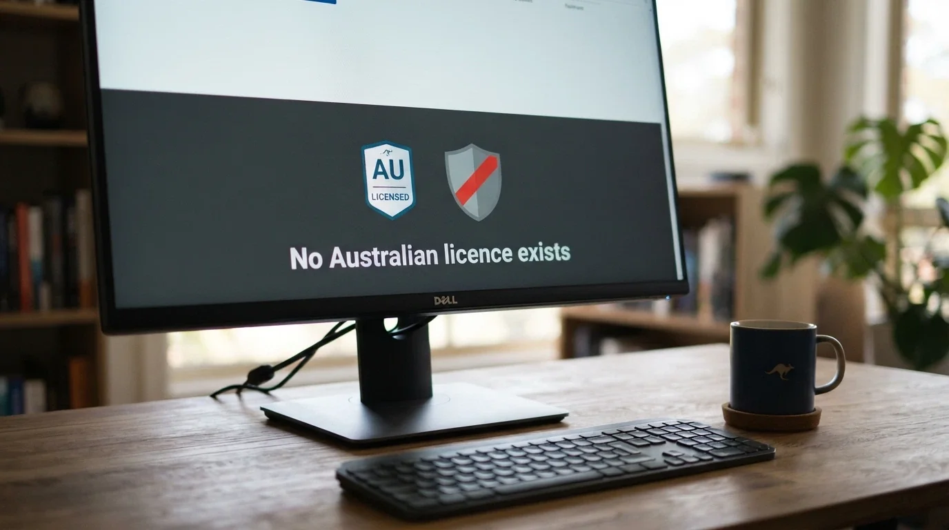 A desktop view of a casino footer showing a Curaçao licence badge next to a crossed-out Australian coat of arms, with the text “No Australian licence exists” overlaid