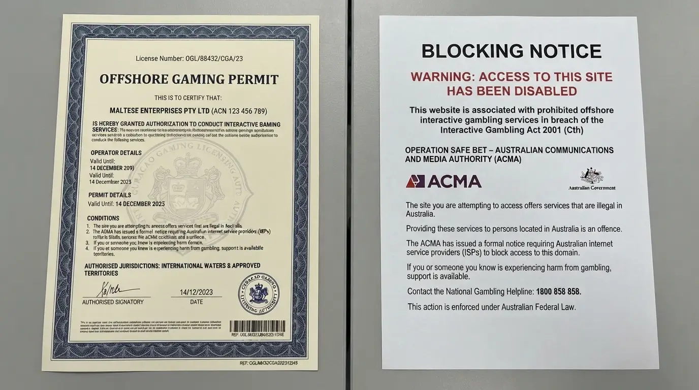 A split composition: one side showing a Curacao licence certificate, the other showing an ACMA website-blocking notice with the Australian coat of arms