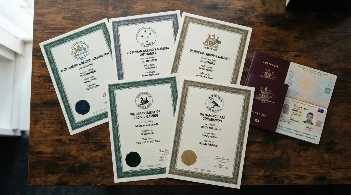 A flat-lay arrangement of mock casino licence certificates from different jurisdictions (Curaçao, Anjouan, Costa Rica) with an Australian passport placed beside them