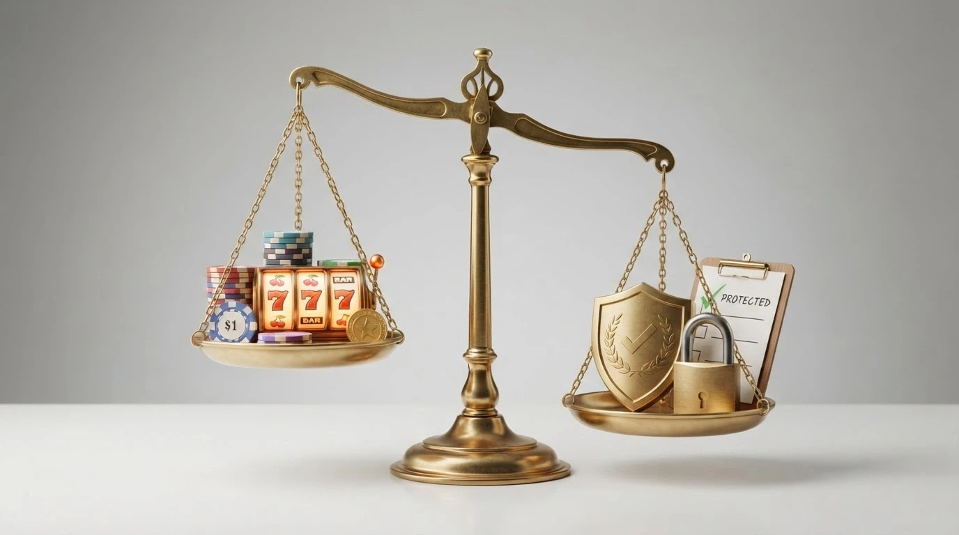 A balanced-scale visual with pokies and bonus chips on one side and consumer-protection icons (ACMA logo, BetStop shield, a dispute-resolution symbol) on the other, the scale tipped toward the protection side