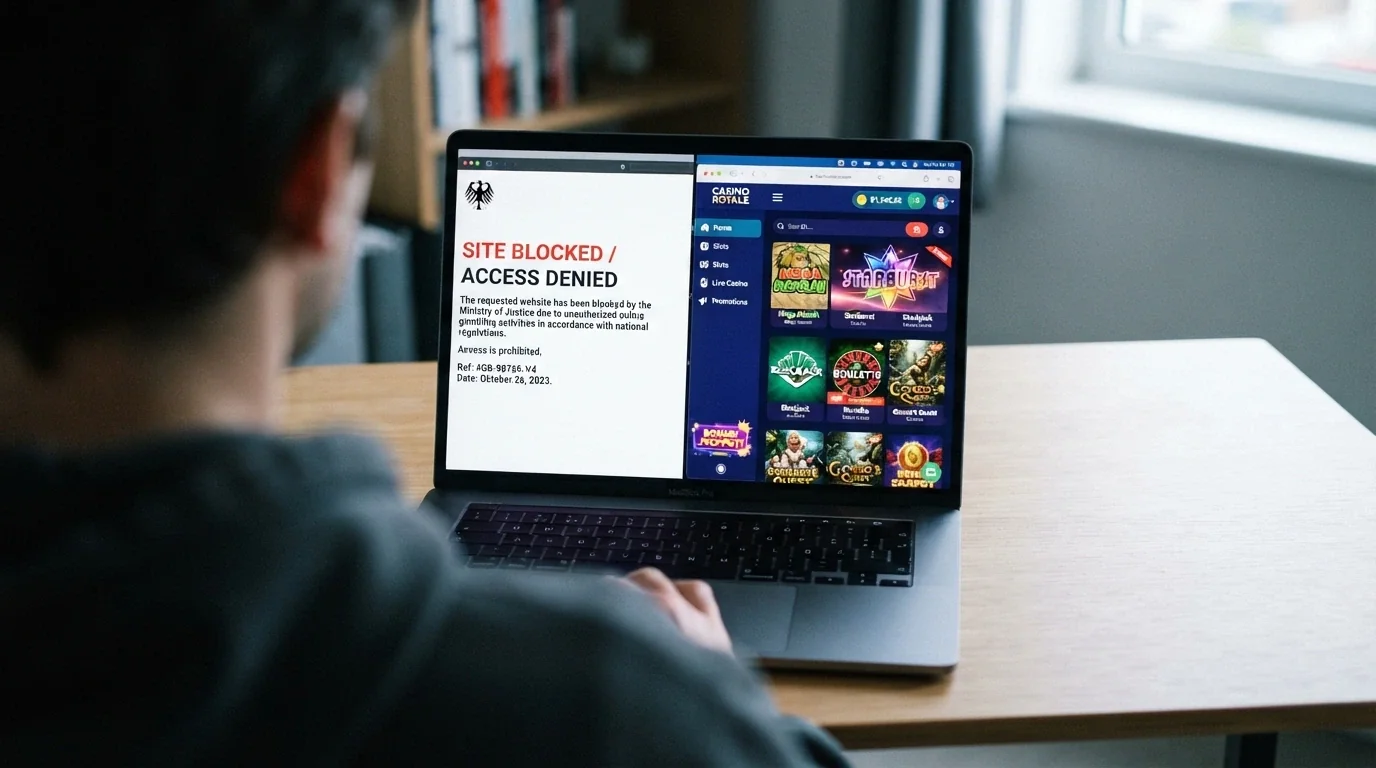 A laptop screen showing an ACMA-branded website-blocking notice beside an open casino lobby on the same screen, with the contrast clearly visible