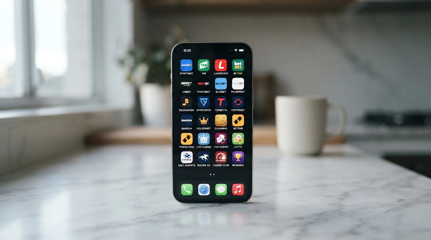 A grid of casino home-screen icons arranged in a comparison layout on an iPhone display, each labelled with its offshore licence jurisdiction