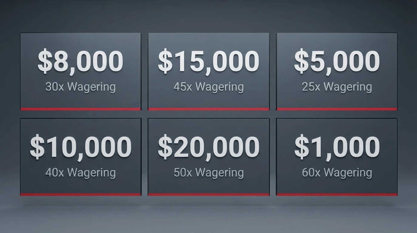 A grid of casino welcome-offer banners displaying Australian dollar amounts alongside wagering-requirement figures
