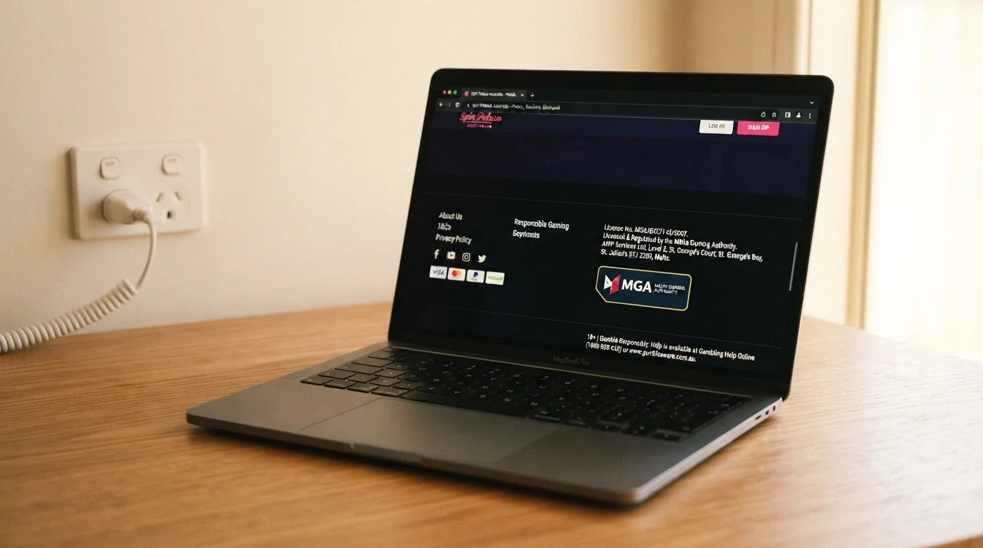 A laptop displaying a casino footer with a foreign licence badge and small-text disclaimer, an Australian power point visible in the background