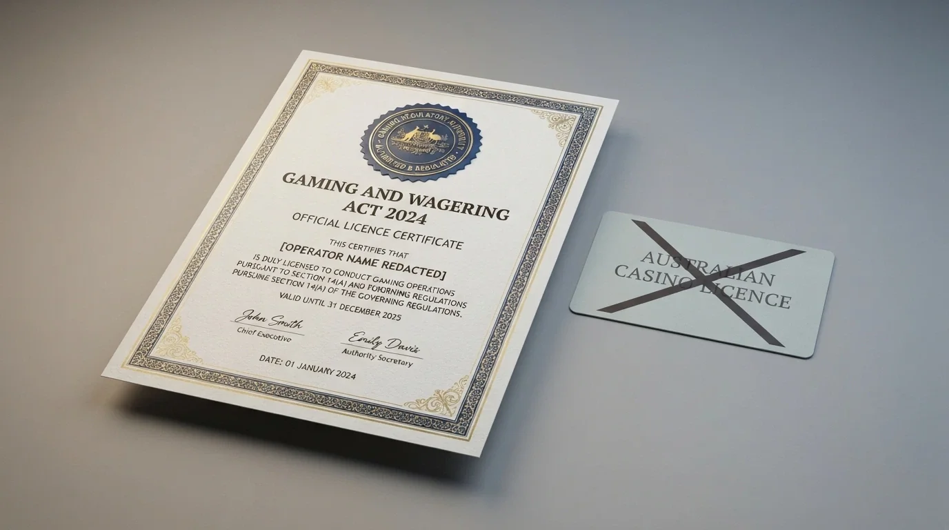 A stylised Curaçao eGaming licence certificate next to a greyed-out placeholder reading “Australian Casino Licence — does not exist.”
