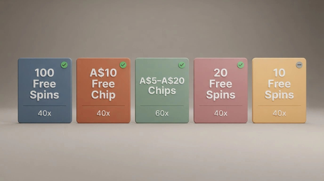 A visual comparison grid of no-deposit bonus offers showing different free-spin counts, cash-chip amounts and wagering requirements side by side