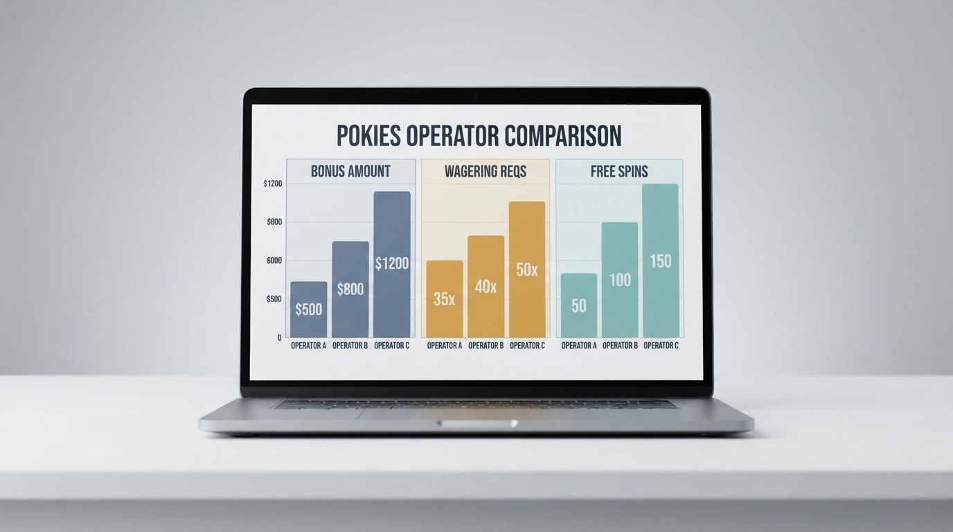A laptop displaying a grid of pokies site names with bonus amounts and wagering terms side by side