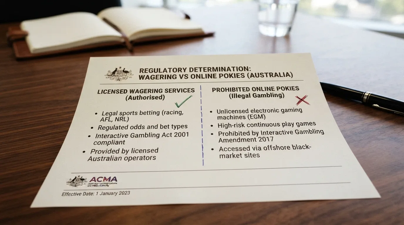 An Australian legal-text page with the Interactive Gambling Act title visible, overlaid with a dashed line separating a ticked “Licensed Wagering” column from an unticked “Online Pokies” column