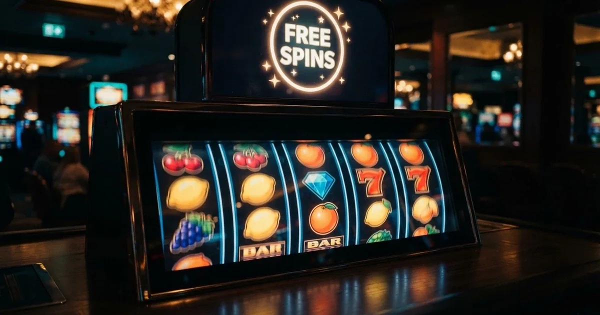A row of colourful online pokie reels on a dark casino-themed background, with a glowing free-spins badge overlaid
