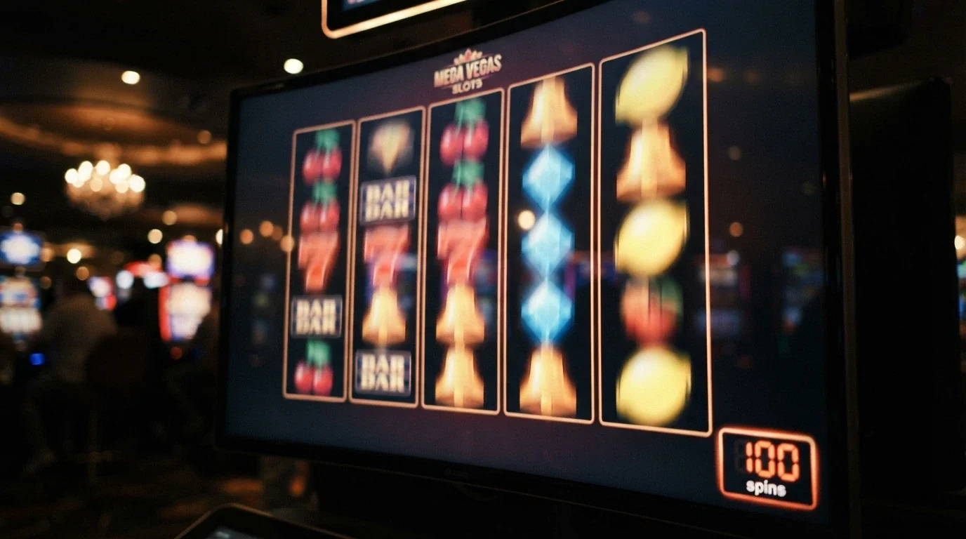 A row of five online pokies reels in mid-spin, with a A$10 bankroll counter in the corner ticking down from 100 spins to zero