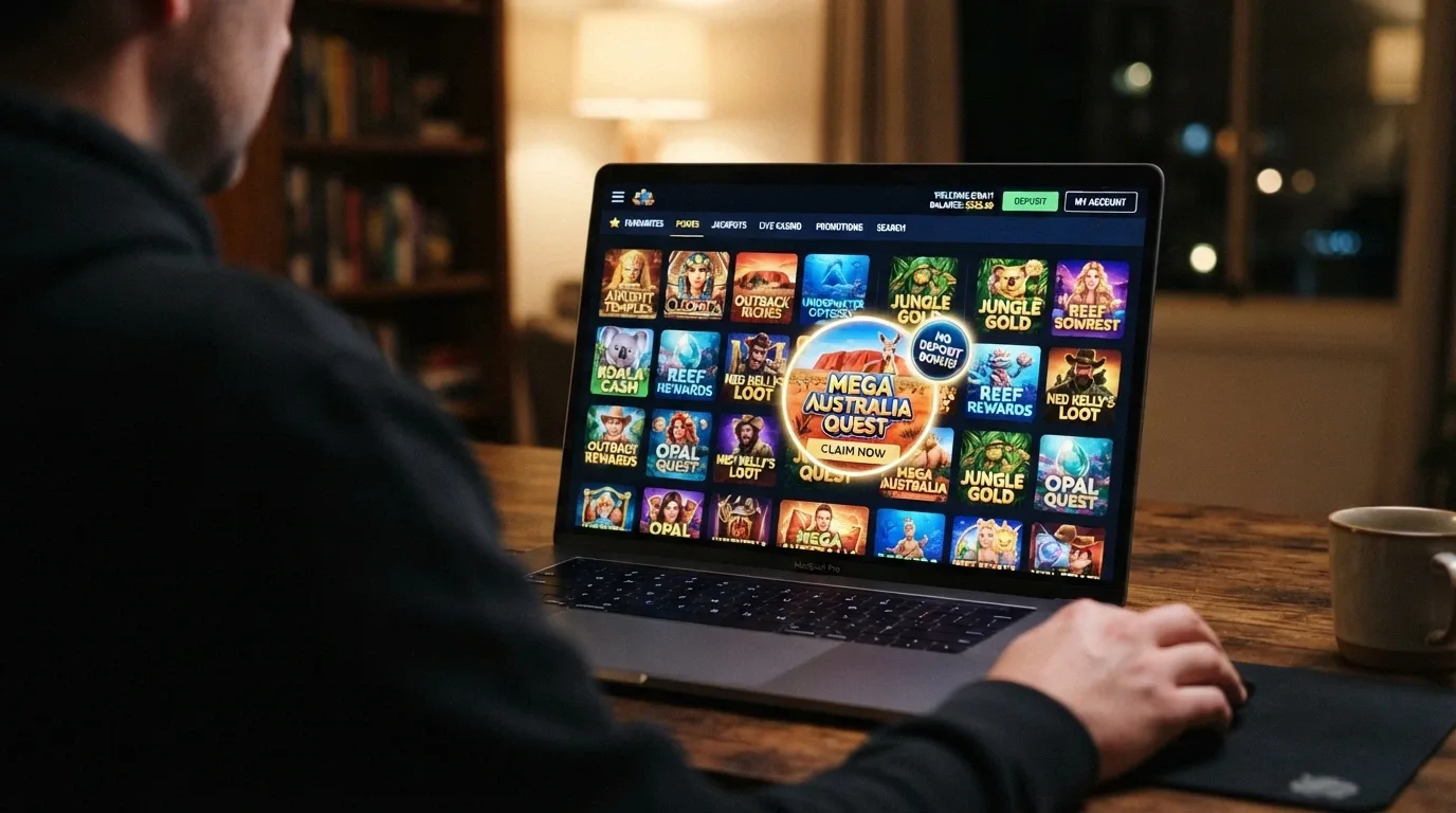 A grid of online pokies thumbnails on a casino game lobby, with a highlighted NDB-eligible badge on one title
