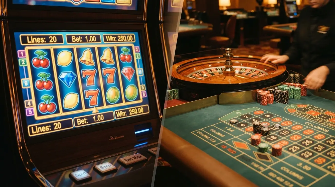 A split screen showing a colourful online pokie reel on one side and a live-dealer roulette table with a real croupier on the other