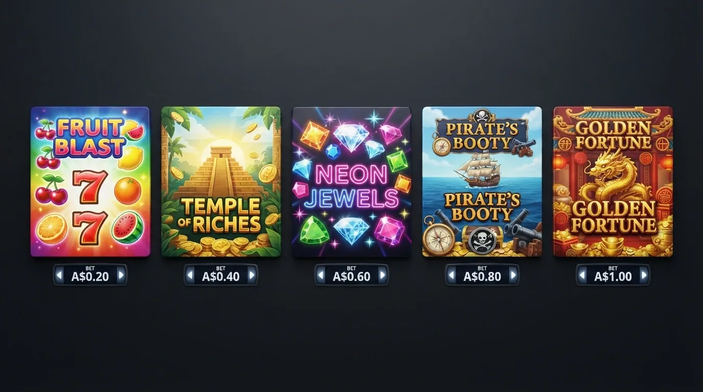 A row of five online pokie title cards with bet-amount selectors showing A$0.20, A$0.40, A$0.60, A$0.80 and A$1.00 per spin