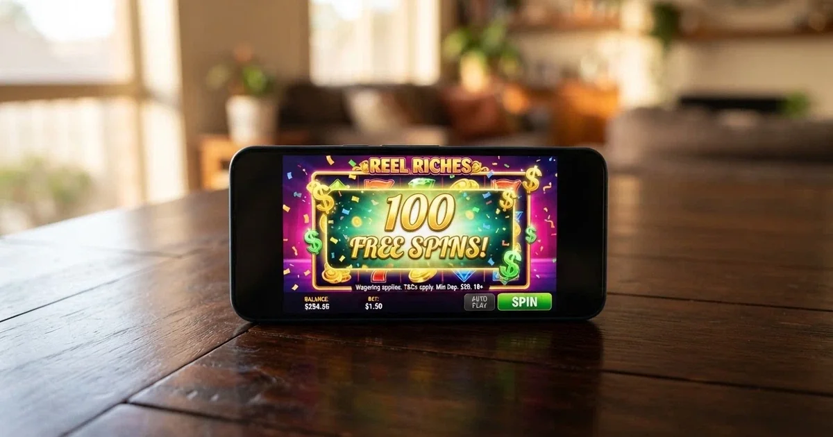 A mobile phone screen showing an online pokies game with a bonus pop-up overlay and Australian dollar symbols