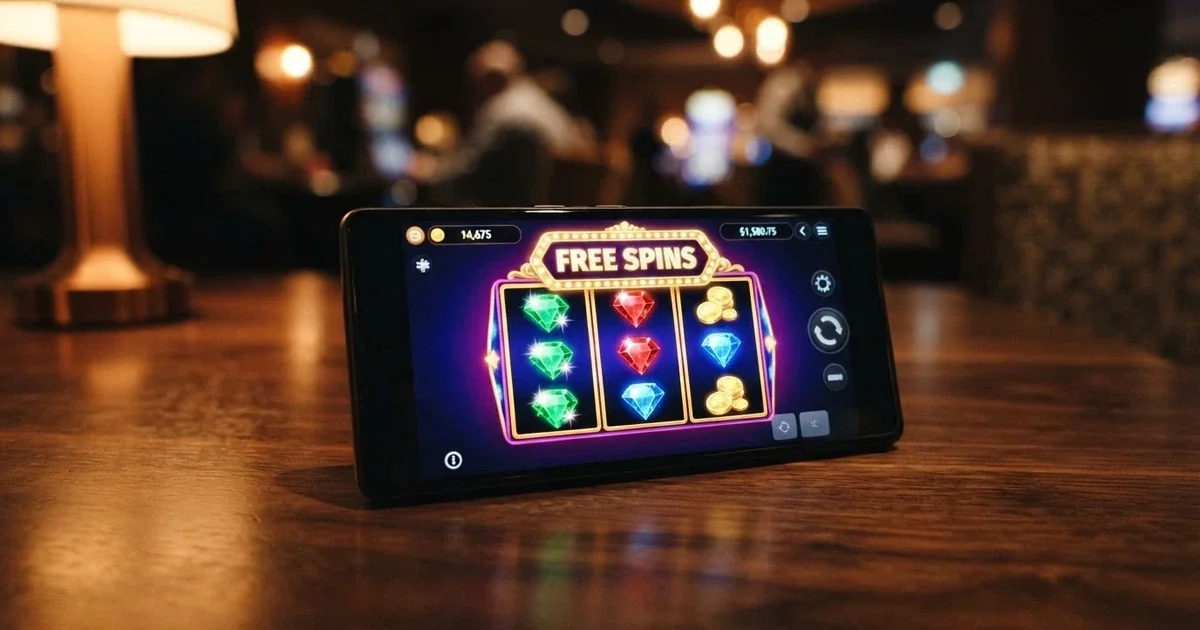 A browser screen displaying colourful online pokies reels with a “Free Spins” badge overlaid, no deposit prompt visible