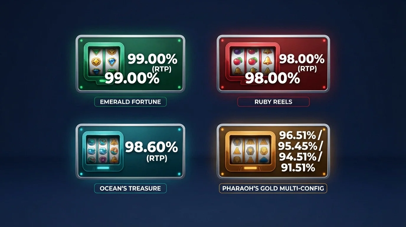 A grid of four featured pokie title cards (Mega Joker, Blood Suckers, 1429 Uncharted Seas, Sweet Bonanza) with their RTP percentages displayed prominently, Sweet Bonanza showing its four possible RTP configurations
