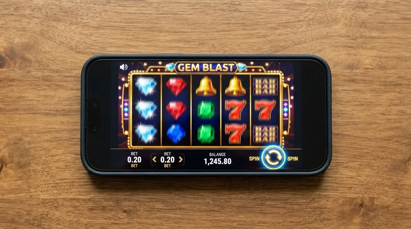 A row of colourful online pokie reels on a smartphone screen with a twenty-cent bet-per-spin indicator displayed