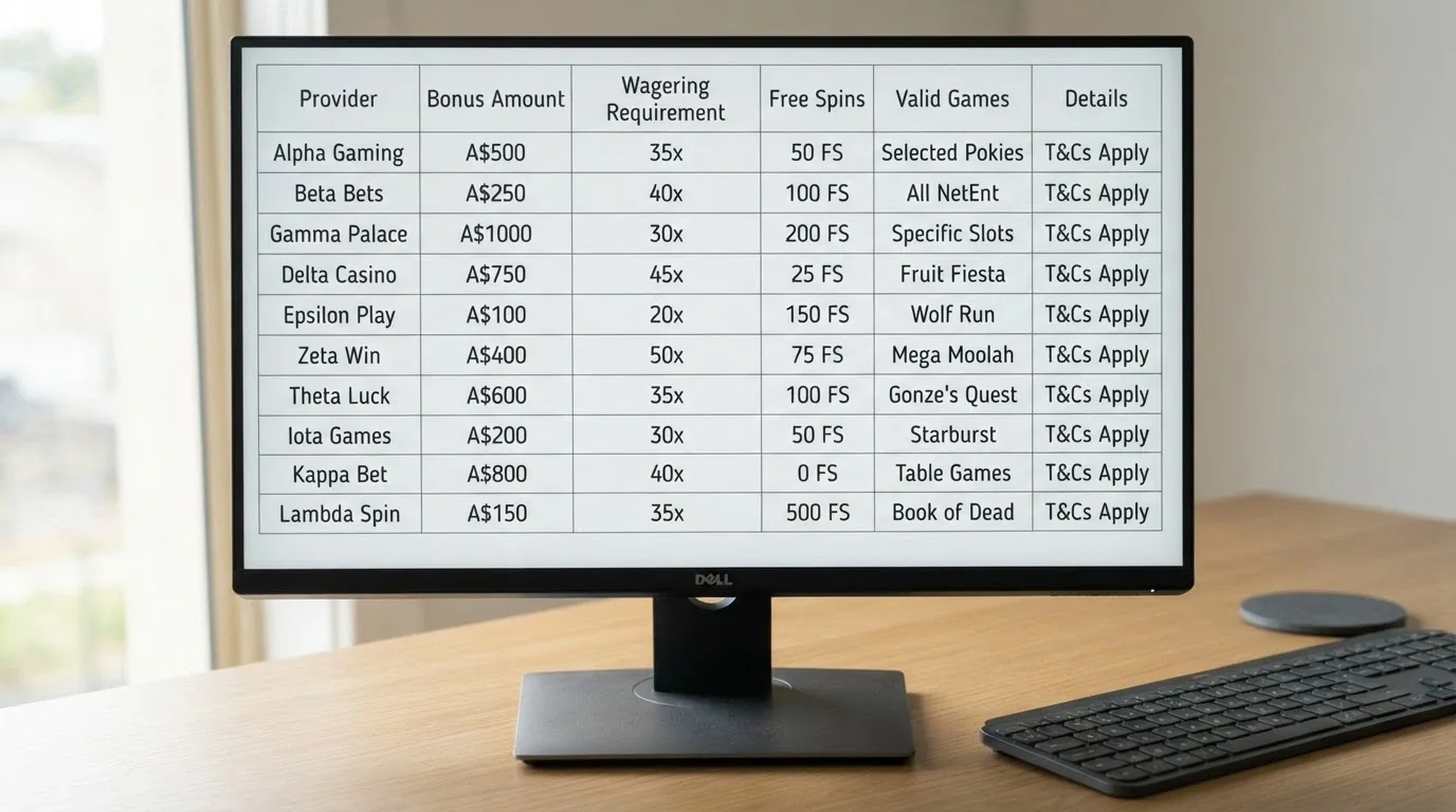 A desktop view of a comparison table with casino logos down the left column and bonus amounts, wagering multiples and free-spin counts across the columns — no real brand names visible, generic placeholders.