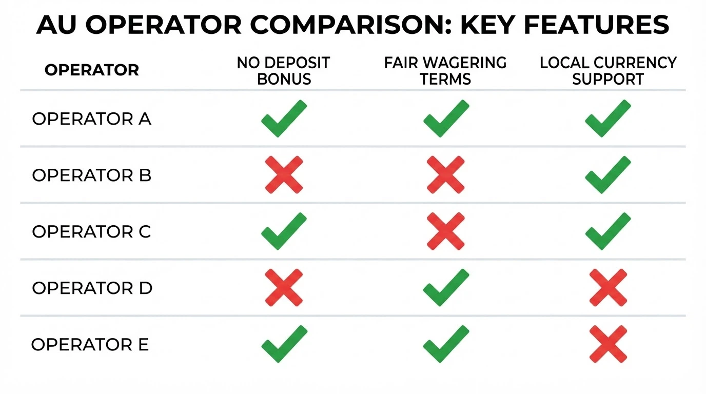 A simplified comparison chart showing operator names beside checkmarks and crosses for NDB, wagering fairness, and AU-dollar support