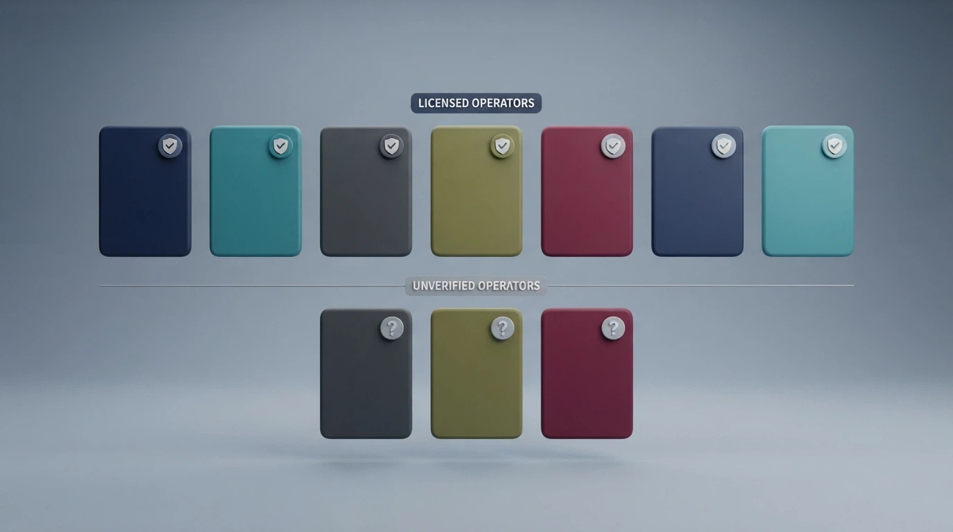 A stylised comparison-card layout showing different operator names with licence badges and bonus-type labels