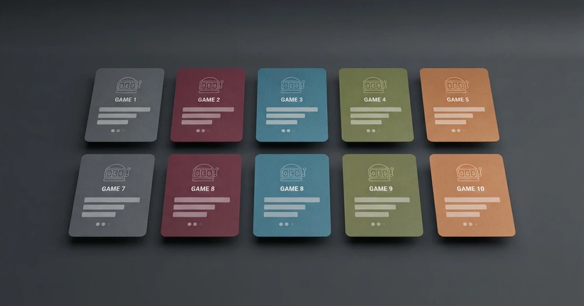 A stylised grid of casino-brand cards in a clean dark theme, arranged in a ranked comparison layout