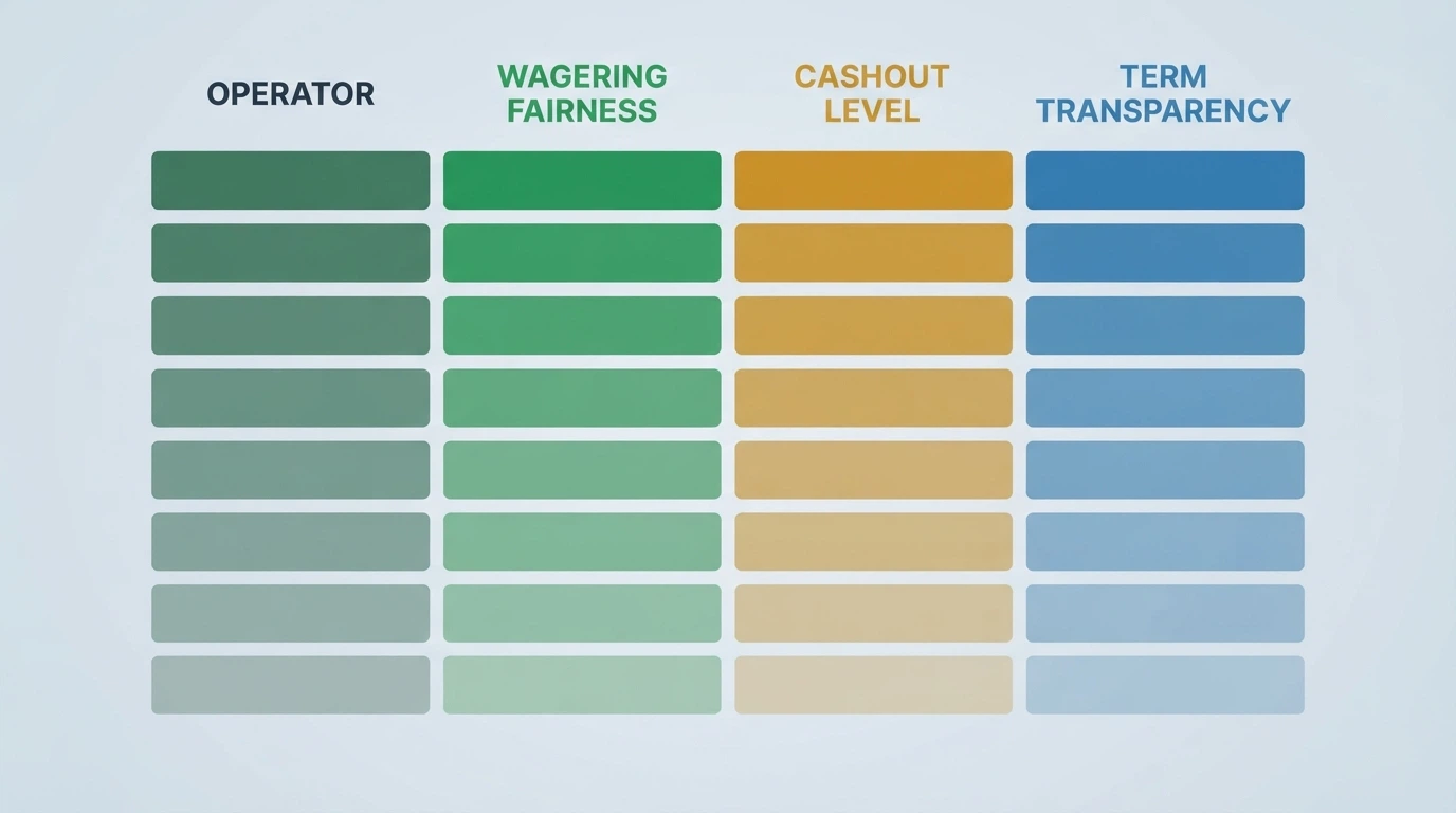 A simplified comparison table showing operator names in rows with colour-coded cells for wagering and cashout terms