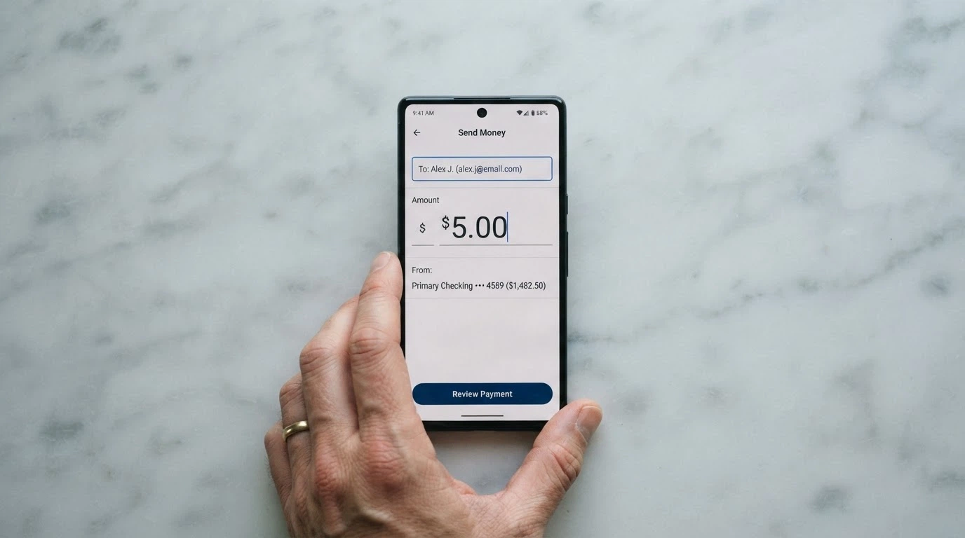 A bank app screen showing a PayID transfer being set up, with the recipient field and dollar amount highlighted, on a phone held in one hand
