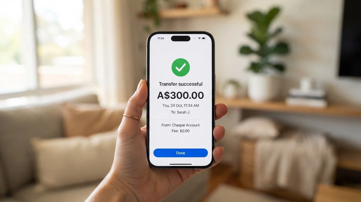 A banking app screen showing a PayID transfer confirmation with the timestamp and zero-fee line visible