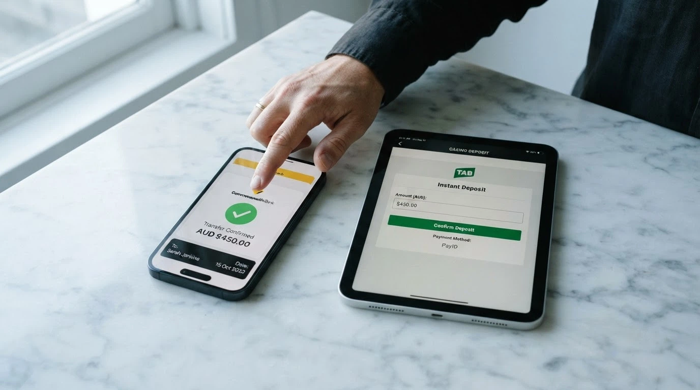 A smartphone screen showing a PayID transfer confirmation with an Australian bank app interface, next to a casino deposit screen