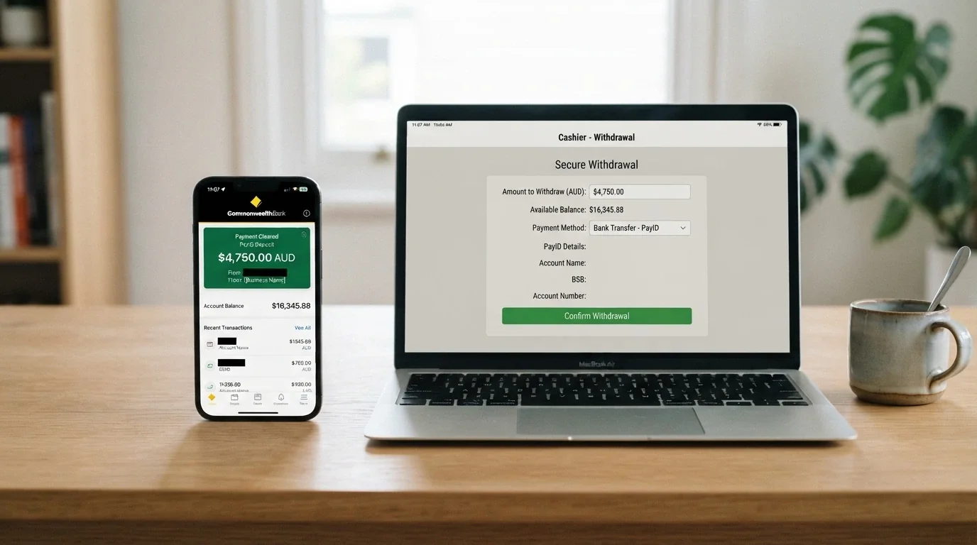 An iPhone screen showing a banking app with a PayID deposit confirmation, beside a casino cashier page open in Safari