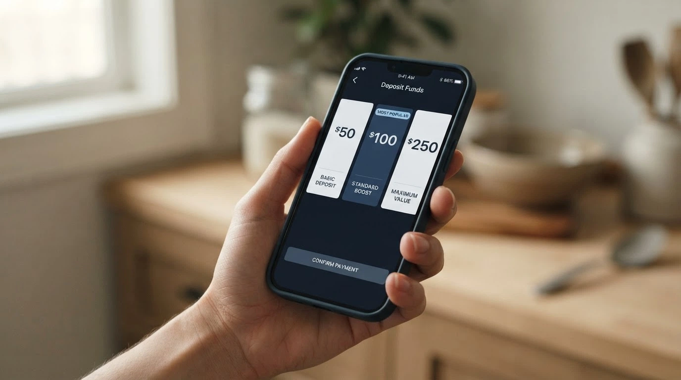 A smartphone payment screen showing PayID, Bitcoin and bank transfer as three deposit options with Australian dollar amounts beside each one