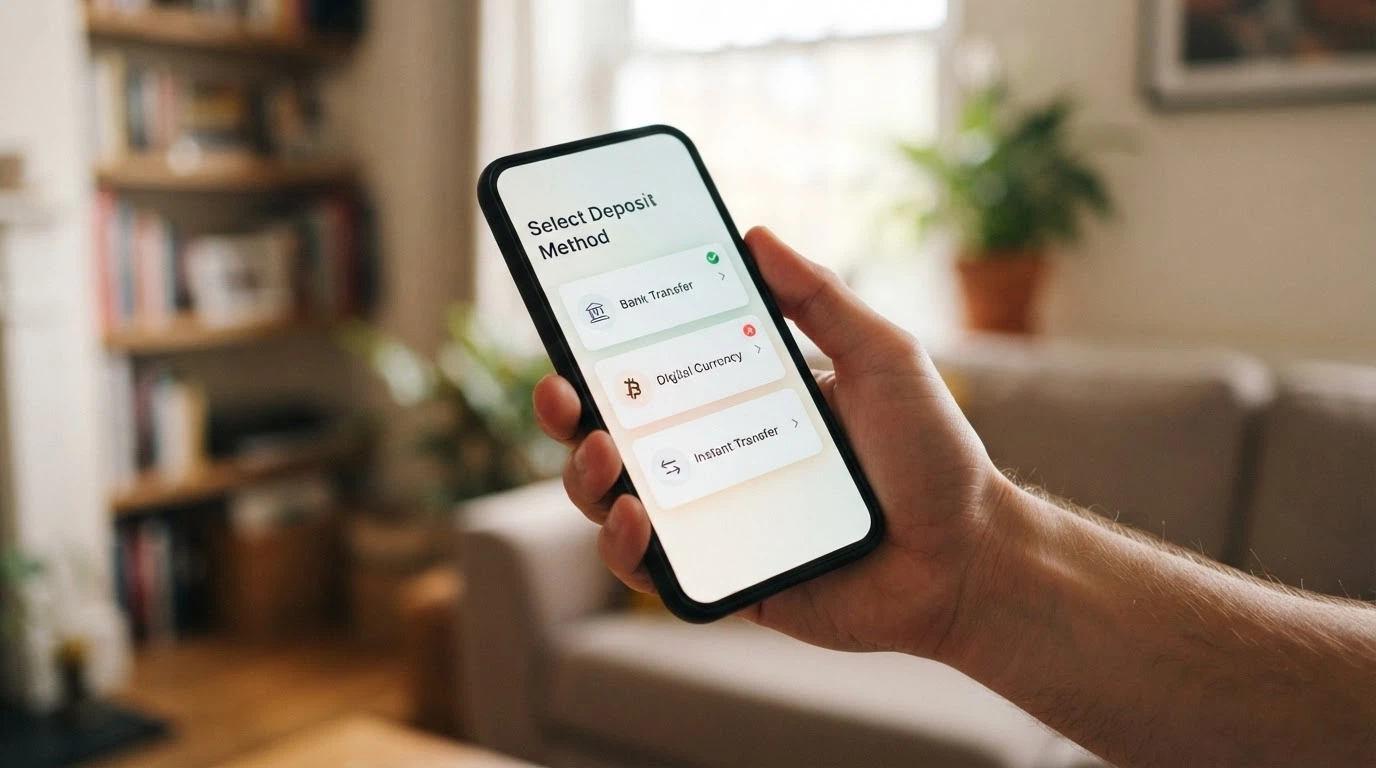 A smartphone showing a deposit-method selection screen with PayID, Bitcoin and a bank transfer option, one method marked with a green bonus-eligible badge and another with a red excluded tag