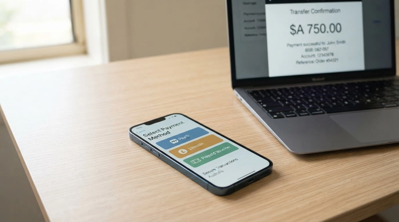 A smartphone displaying a payment-method selection screen with PayID, Bitcoin and Neosurf logos visible, an Australian bank app open beside it
