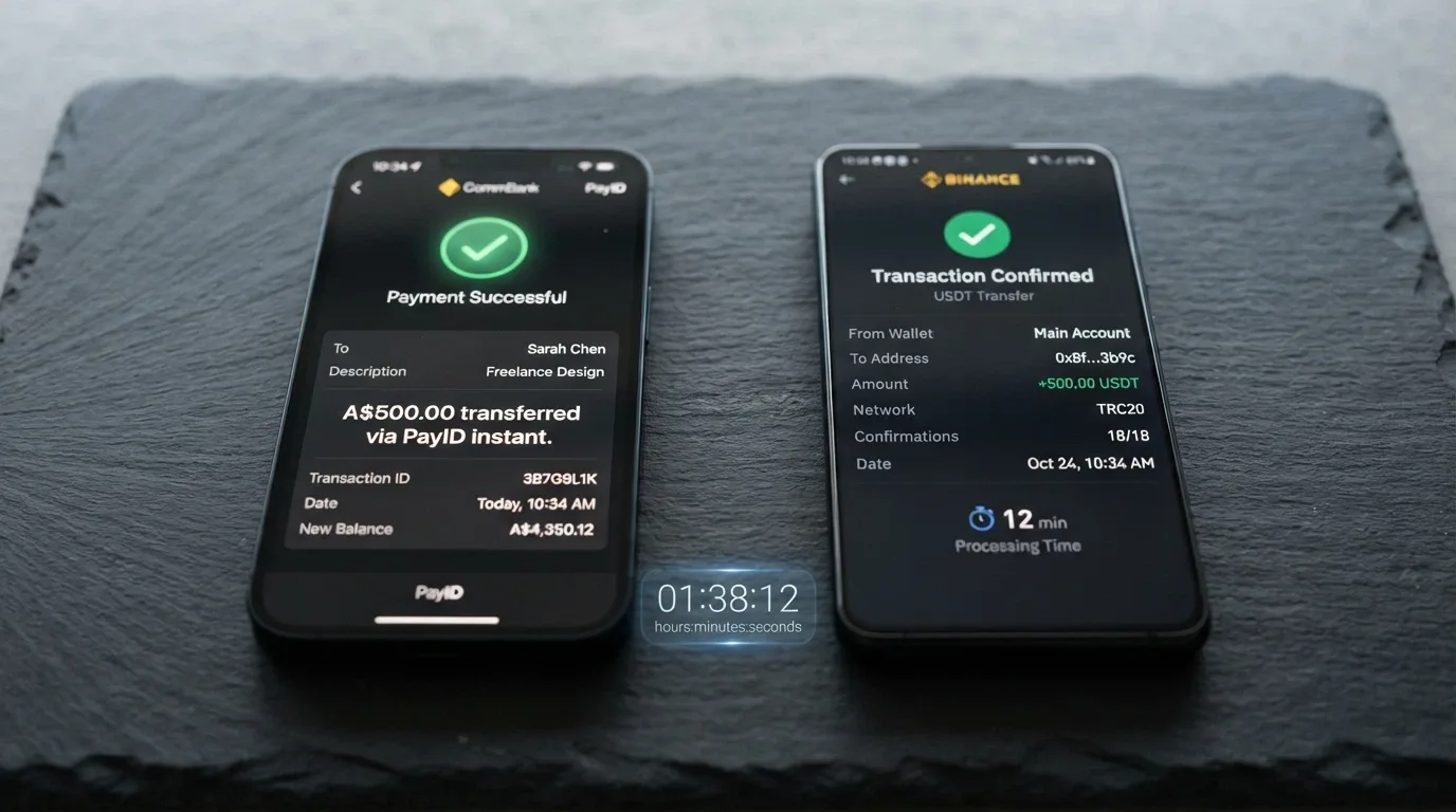 A side-by-side visual of PayID on a banking app screen and a crypto wallet showing a USDT TRC-20 transaction, with a stopwatch overlay indicating the speed difference