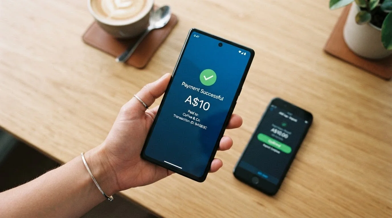 A smartphone showing a banking app PayID transfer confirmation with a timestamp under 60 seconds, beside a casino deposit screen