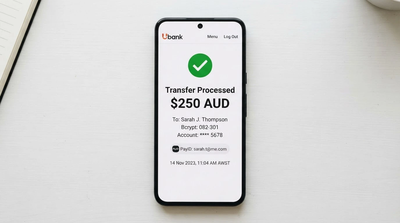A phone showing a banking app PayID transfer confirmation screen with the amount and “processed” status visible