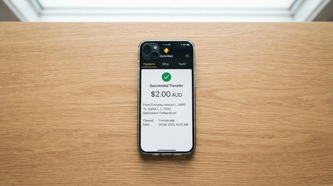 A banking app screen showing a completed PayID transfer with a confirmation timestamp