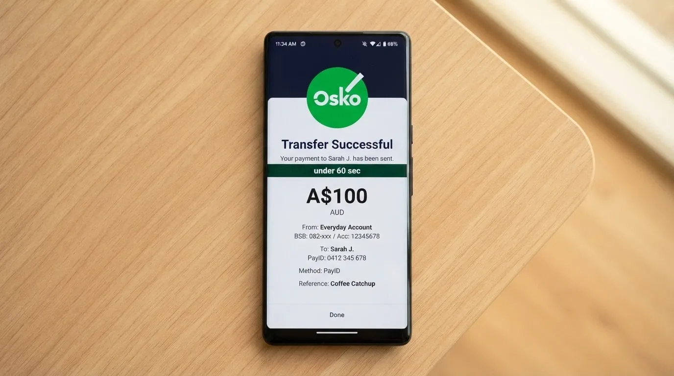 A close-up of a banking app screen displaying a completed PayID transfer with the Osko confirmation badge and a timestamp under 60 seconds