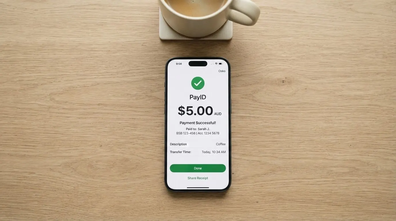 A banking app screen showing a PayID transfer of five dollars with an Osko instant-payment confirmation