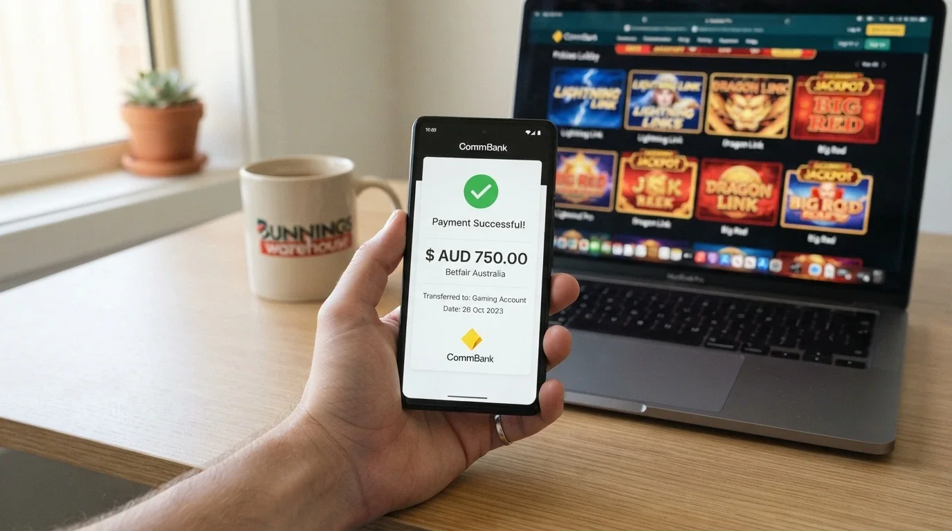 A smartphone showing a banking app with a PayID transfer confirmation screen beside a pokies lobby