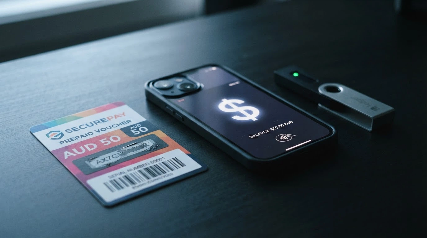 Three payment method icons — PayID, a Neosurf voucher, and a crypto wallet — arranged on a dark background with Australian dollar notes
