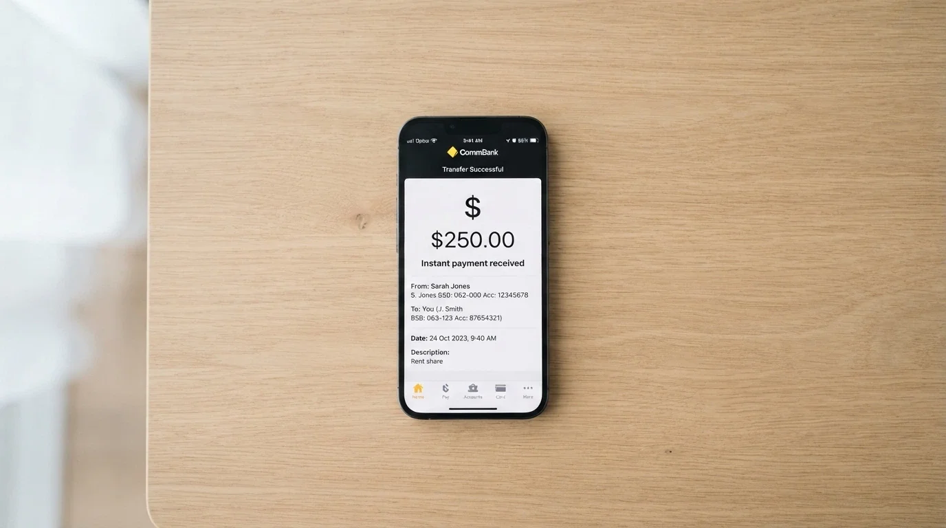 A smartphone screen showing a PayID deposit interface with Australian dollar amounts and the Osko instant-transfer confirmation message