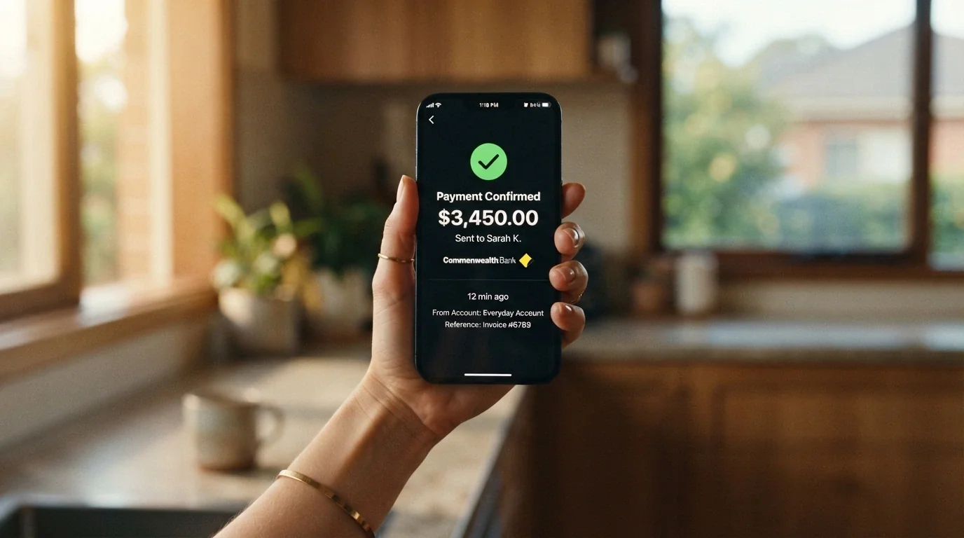 A smartphone banking app screen showing a PayID transaction with the amount received and a timestamp reading “12 minutes ago”