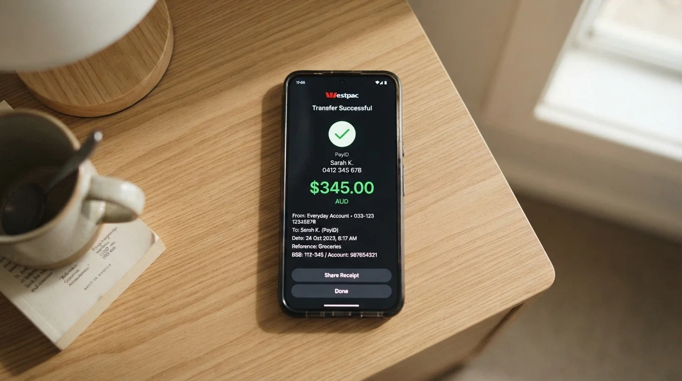 A smartphone screen showing a banking app with a PayID transfer confirmation and the amount received in Australian dollars