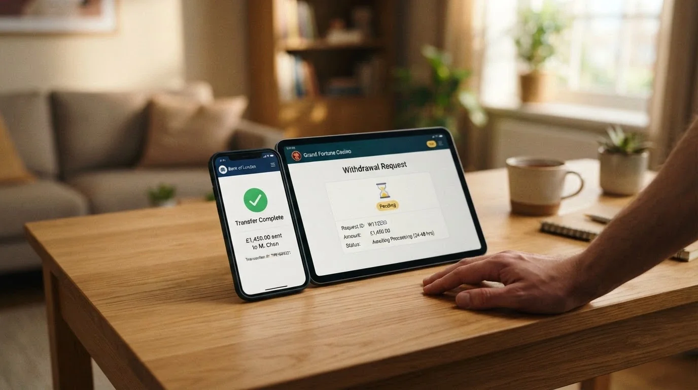 A smartphone banking app showing a PayID transfer confirmation beside a casino withdrawal screen with a pending status indicator