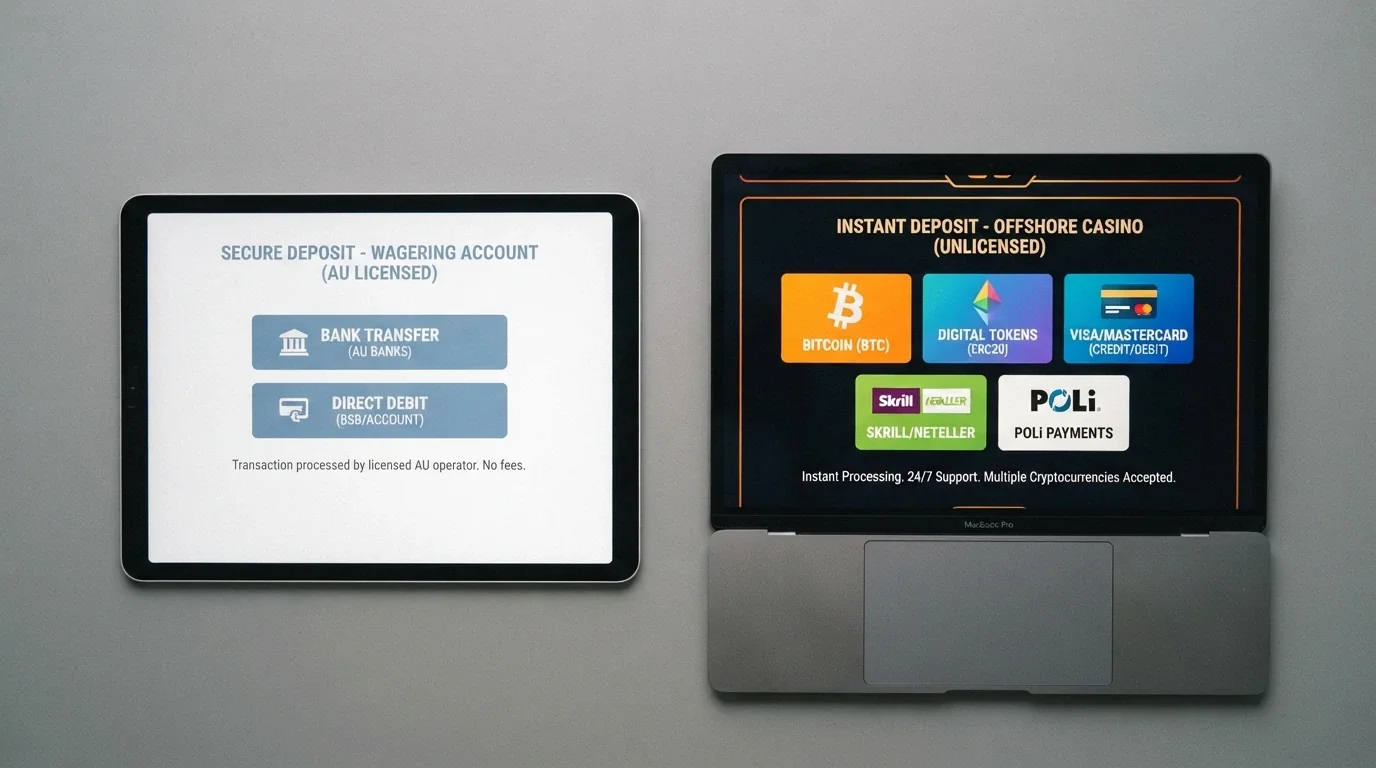 A split comparison — on the left, a licensed Australian wagering deposit screen with PayID and BPAY only; on the right, an offshore casino deposit screen showing crypto and credit card options