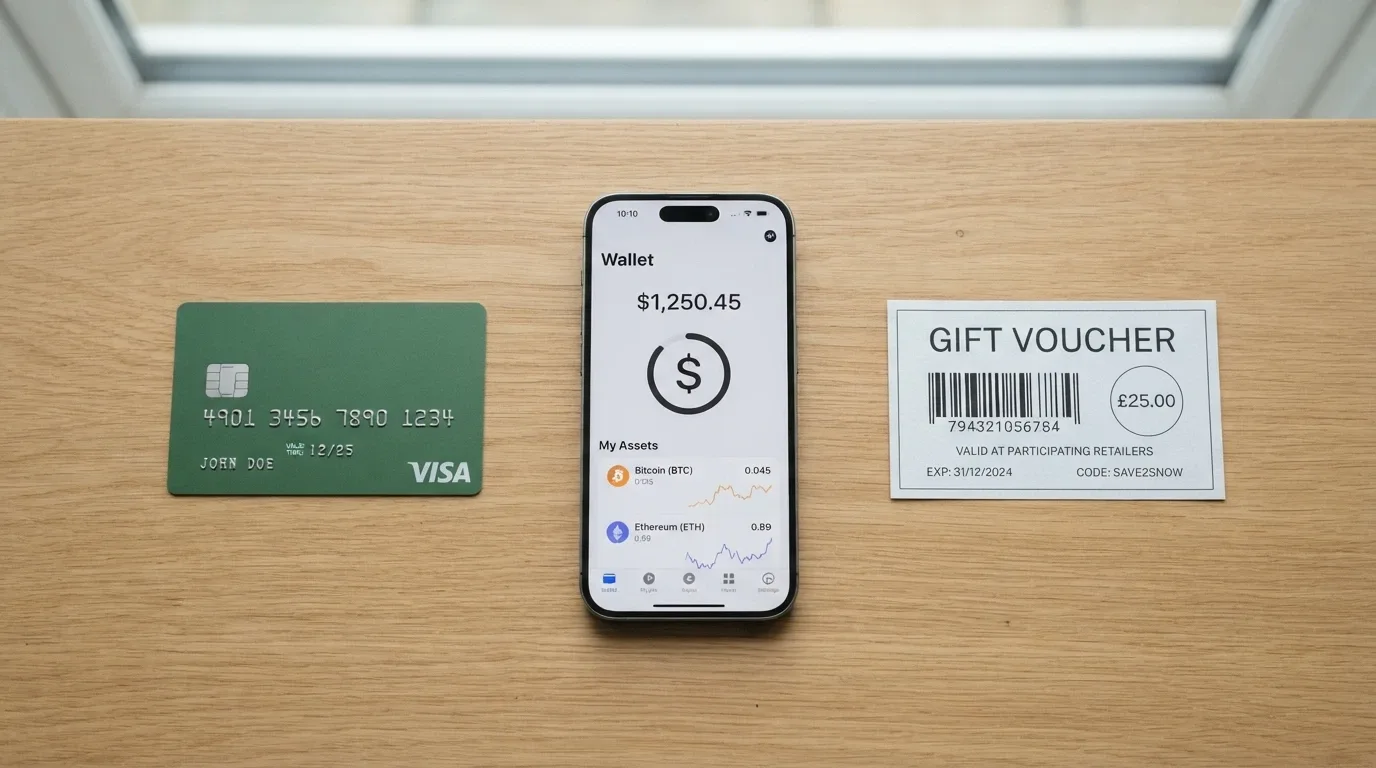 A fan of payment methods — a debit card, a smartphone showing a crypto wallet, and a CashtoCode voucher — arranged on a table