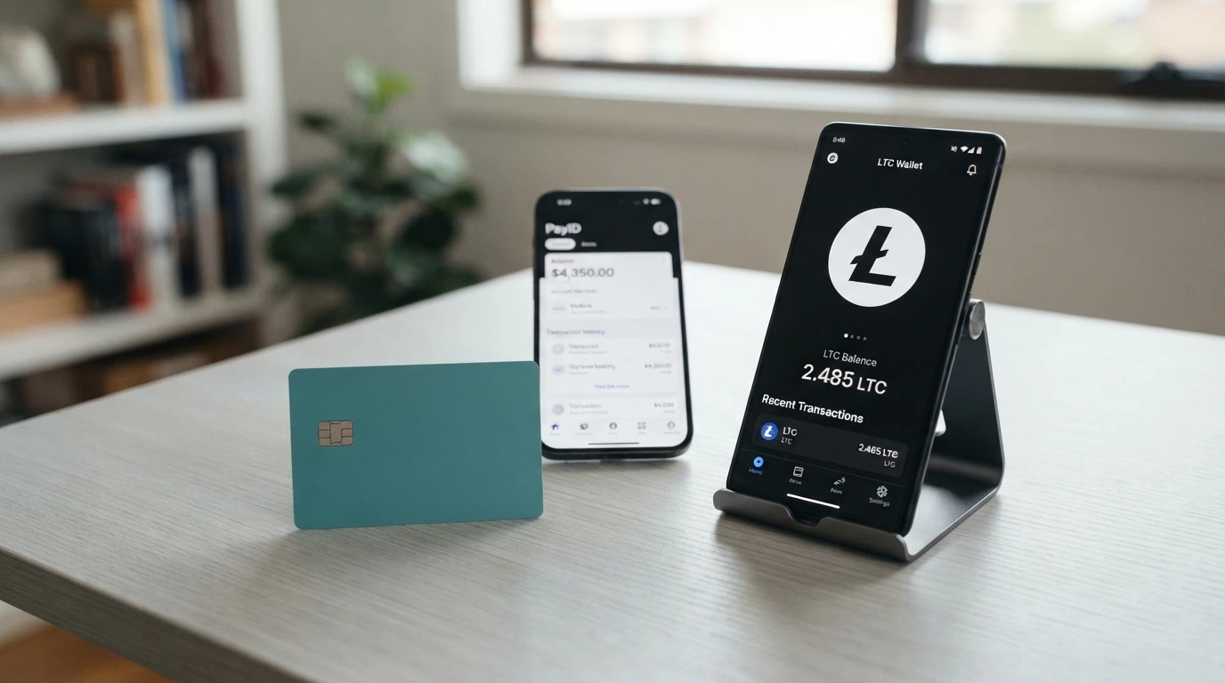A Australian bank card, a smartphone showing a crypto wallet, and a PayID banking app screen arranged on a desk