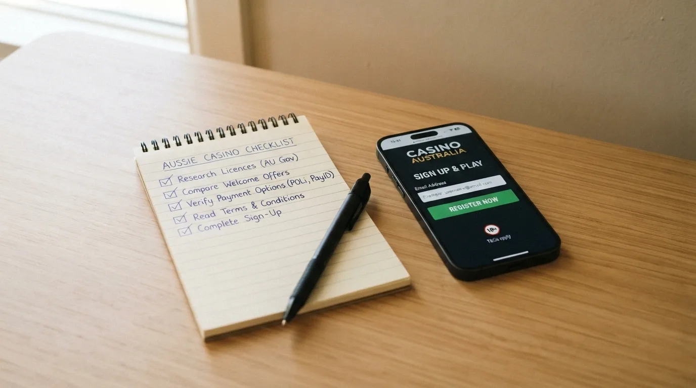 A notepad with a short written checklist beside a mobile phone showing a casino sign-up screen